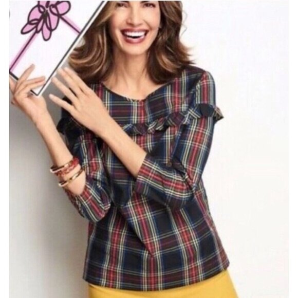 Talbots Womens Stewart Plaid Poplin Ruffle Top‎ Petite SP Holidays NWT $90 - Picture 2 of 10